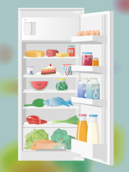 vektorillustration, vektorgrafik, graphic, editorial, illustration, vector, digital, refridgerator, miriam ganser, food, lebensmittel, obst, kiste, artikel, vegetables, gemüse, magazin 