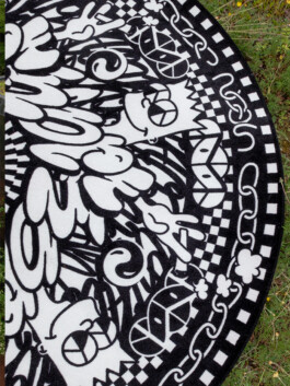 Detail of a round rug, velour tufted, black and white pattern, comicstyle by miriam ganser